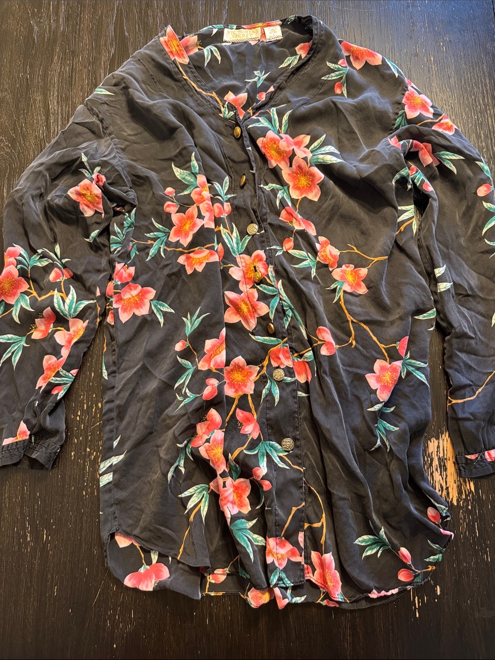 Vintage Victoria's Secret Black Button-Front Floral Sleepwear Pink Blossoms